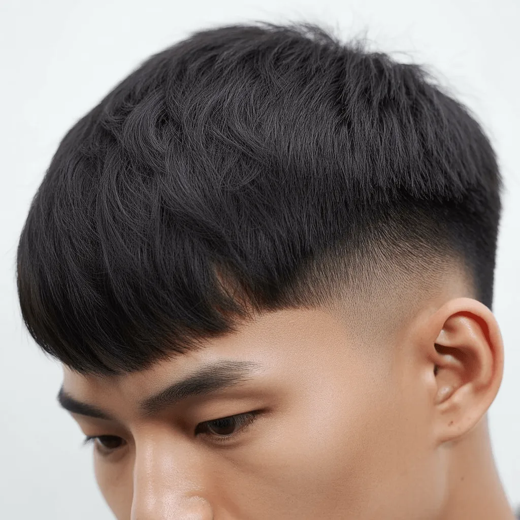Corte de pelo Low Taper para hombres asiáticos, con la parte superior texturizada y un degradado limpio en los lados, ideal para cabello grueso y liso.