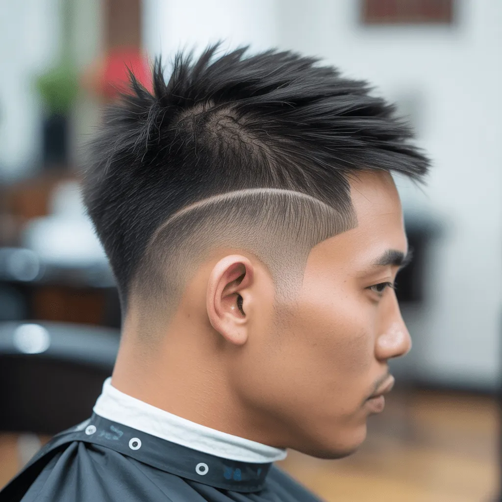 Corte de pelo Low Taper para hombres asiáticos, con la parte superior texturizada y un degradado limpio en los lados, ideal para cabello grueso y liso.