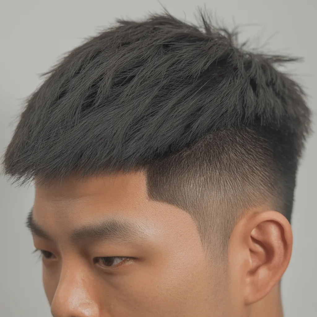 Corte de pelo Low Taper para hombres asiáticos, con la parte superior texturizada y un degradado limpio en los lados, ideal para cabello grueso y liso.