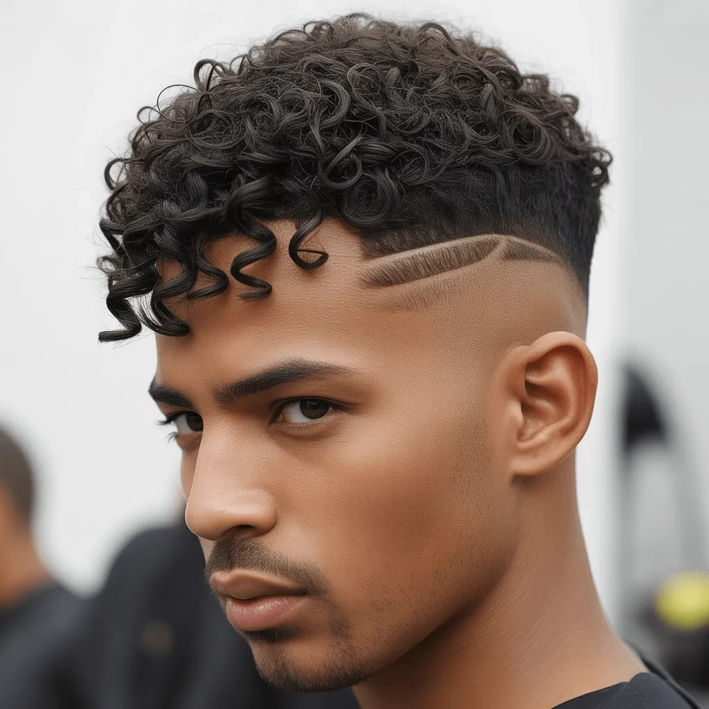 Corte de pelo Low Taper para cabello rizado, con la parte superior voluminosa y rizada, y un degradado limpio en los lados para un look moderno y bien estructurado.