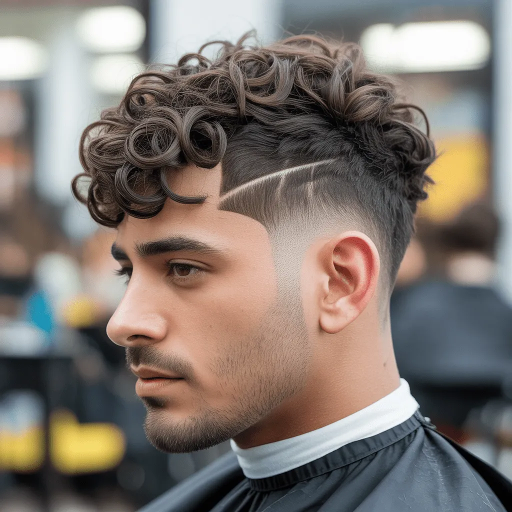 Corte de pelo Low Taper para cabello rizado, con la parte superior voluminosa y rizada, y un degradado limpio en los lados para un look moderno y bien estructurado.