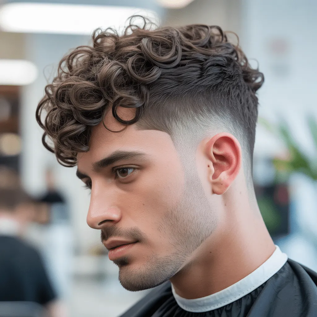 Corte de pelo Low Taper para cabello rizado, con la parte superior voluminosa y rizada, y un degradado limpio en los lados para un look moderno y bien estructurado.
