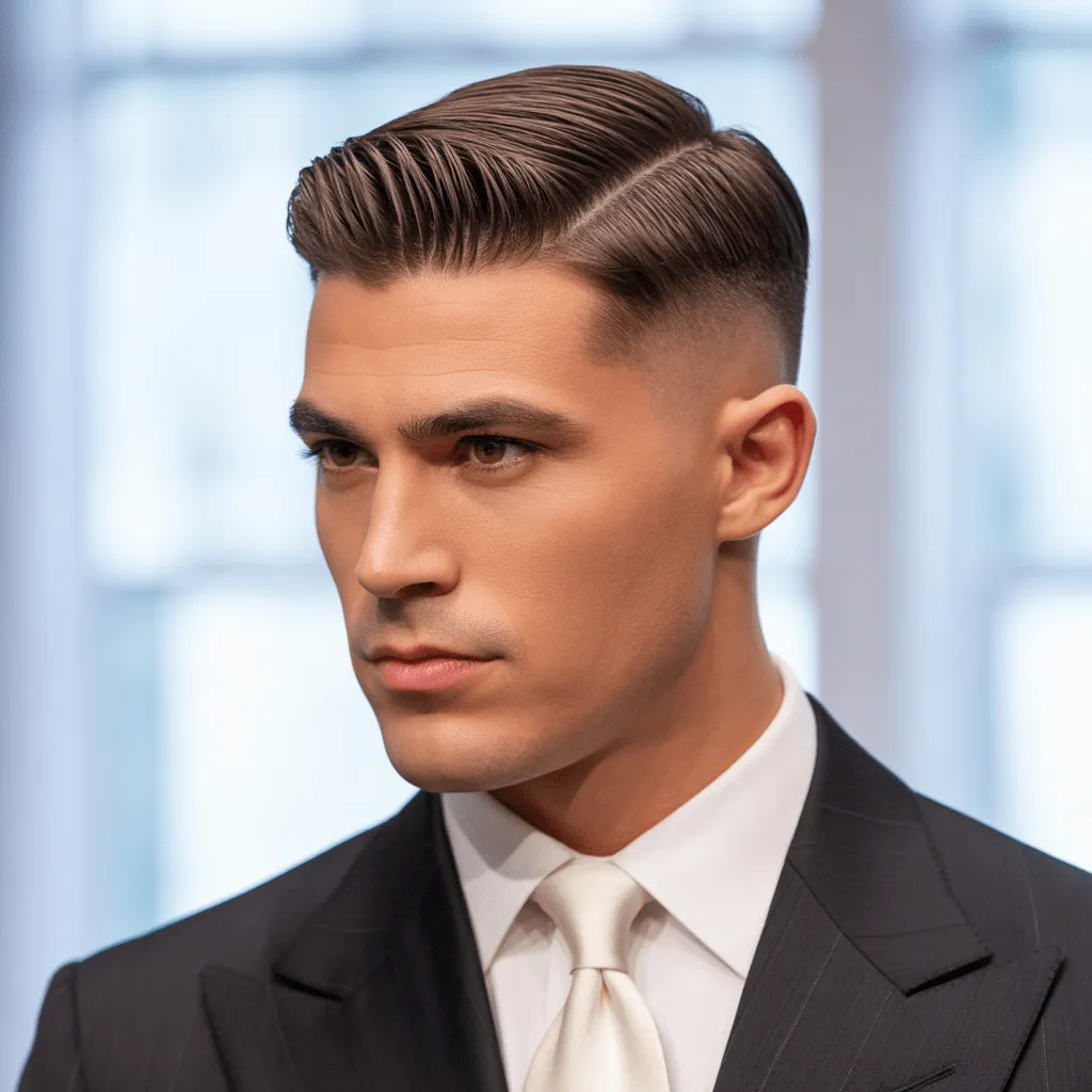 Corte de pelo Low Taper clásico para hombres, con un degradado suave en los lados y la parte superior peinada hacia atrás para un look elegante y profesional.