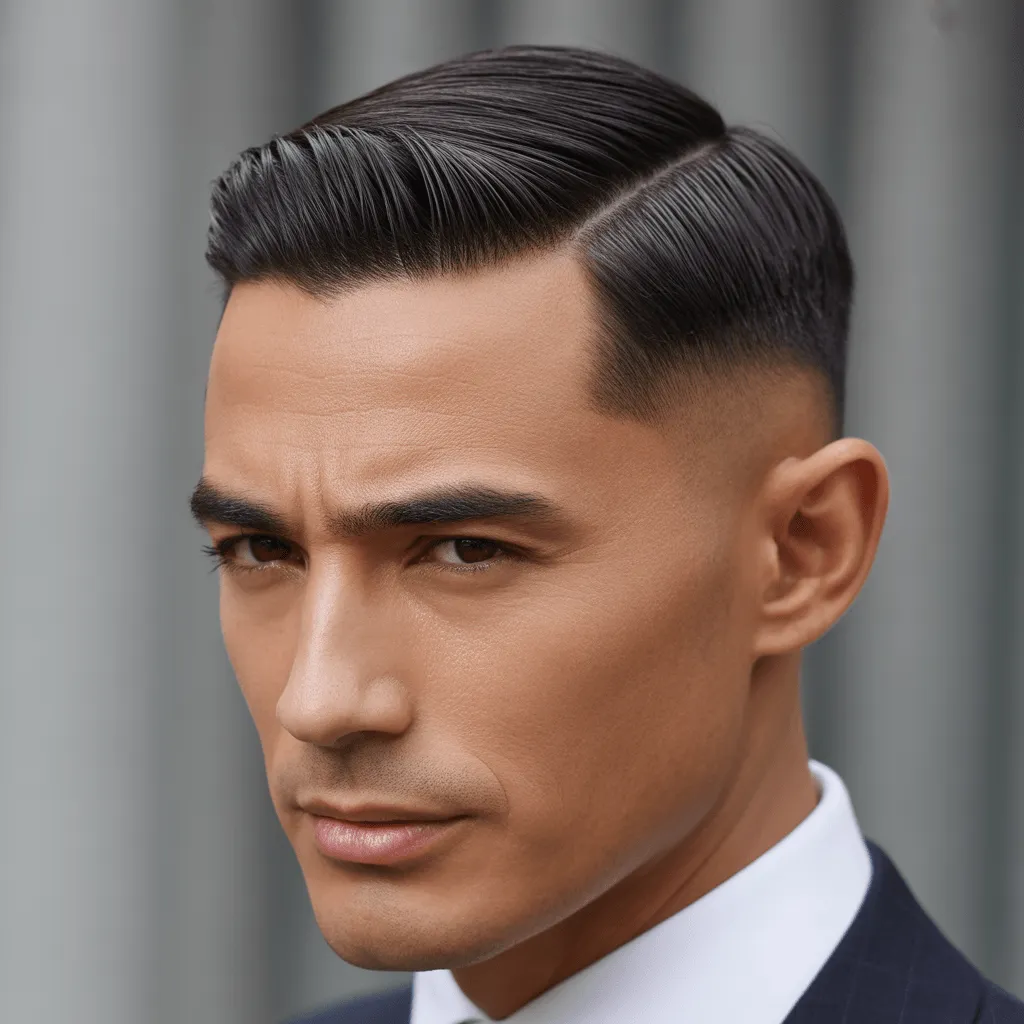 Corte de pelo Low Taper clásico para hombres, con un degradado suave en los lados y la parte superior peinada hacia atrás para un look elegante y profesional.
