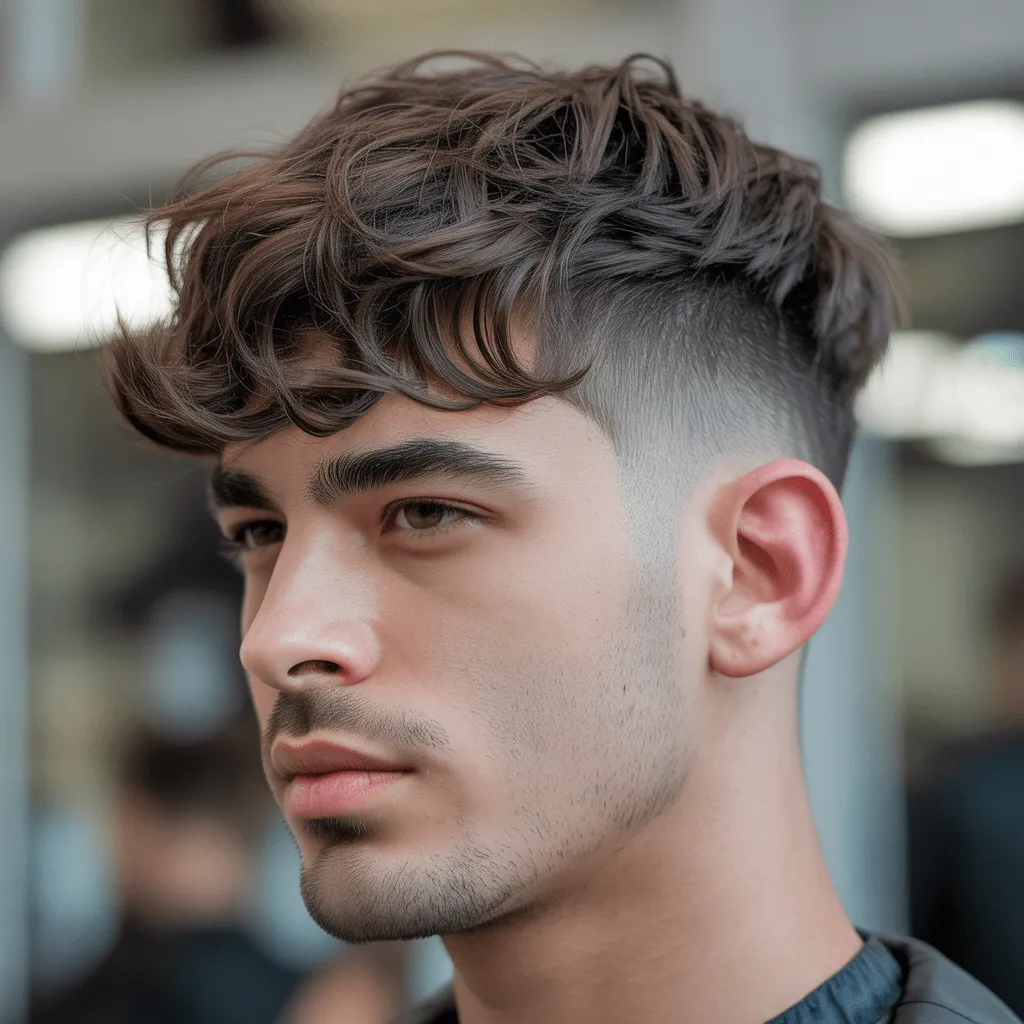 Corte de pelo Low Taper con flequillo, ideal para hombres con cabello ondulado o rizado, con la parte superior texturizada y un degradado limpio en los lados.