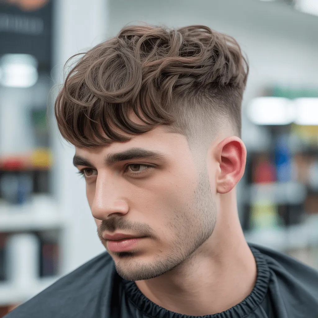 Corte de pelo Low Taper con flequillo, ideal para hombres con cabello ondulado o rizado, con la parte superior texturizada y un degradado limpio en los lados.