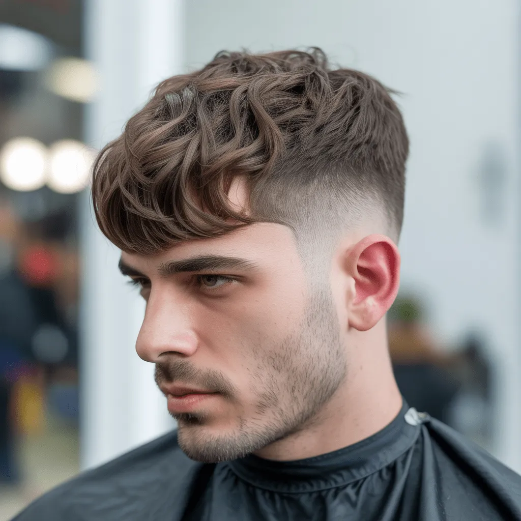 Corte de pelo Low Taper con flequillo, ideal para hombres con cabello ondulado o rizado, con la parte superior texturizada y un degradado limpio en los lados.