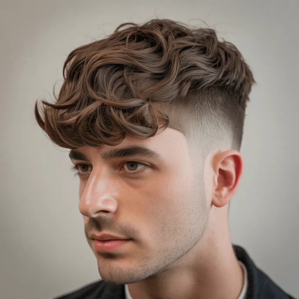 Corte de pelo Low Taper con flequillo, ideal para hombres con cabello ondulado o rizado, con la parte superior texturizada y un degradado limpio en los lados.
