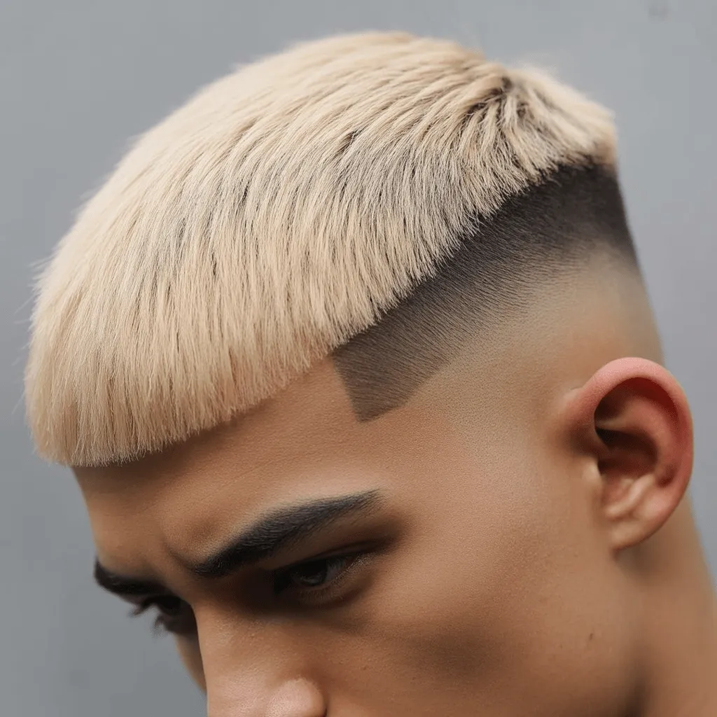 Corte de pelo Low Taper rubio, con la parte superior en tono rubio contrastante y los lados con un degradado suave para un look moderno y elegante.