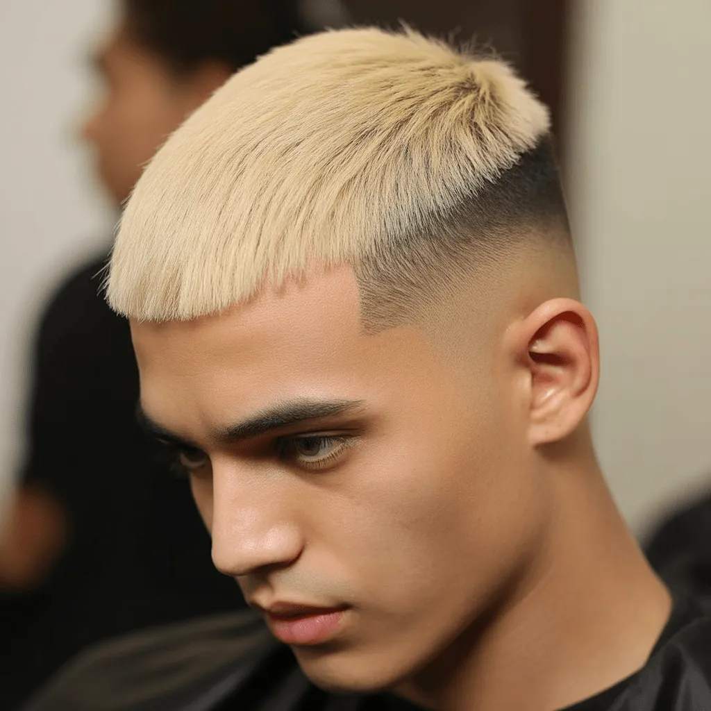 Corte de pelo Low Taper rubio, con la parte superior en tono rubio contrastante y los lados con un degradado suave para un look moderno y elegante.