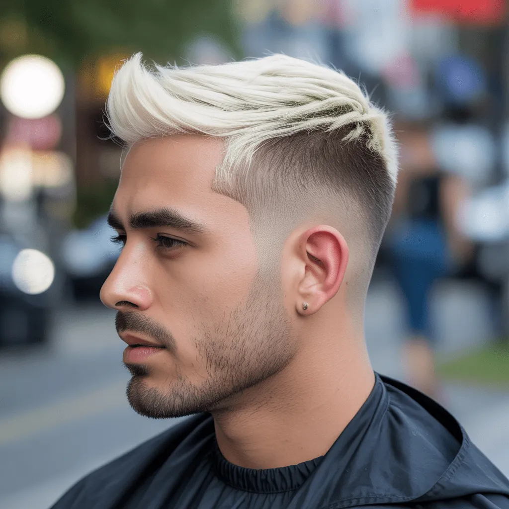 Corte de pelo Low Taper rubio, con la parte superior en tono rubio contrastante y los lados con un degradado suave para un look moderno y elegante.