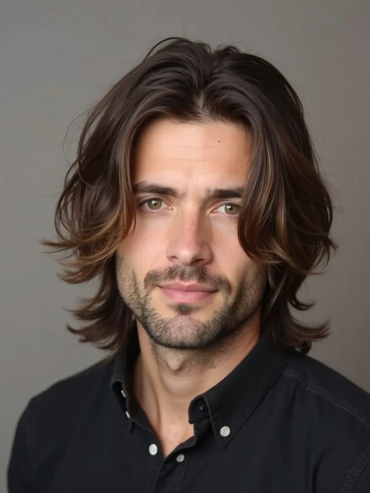 Corte de pelo medium shag para rostro triangular, con capas que añaden textura y volumen para equilibrar la mandíbula ancha.