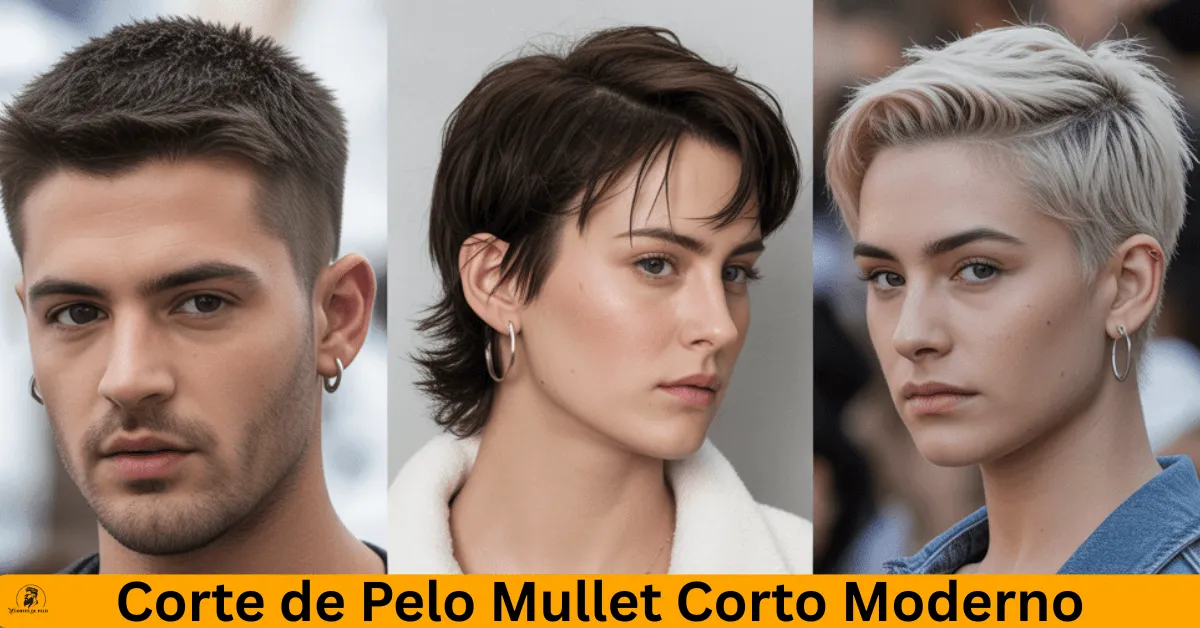 Estilos de corte de pelo mullet corto moderno, ideal para un look atrevido y elegante con cabello corto en los lados y largo en la parte posterior.