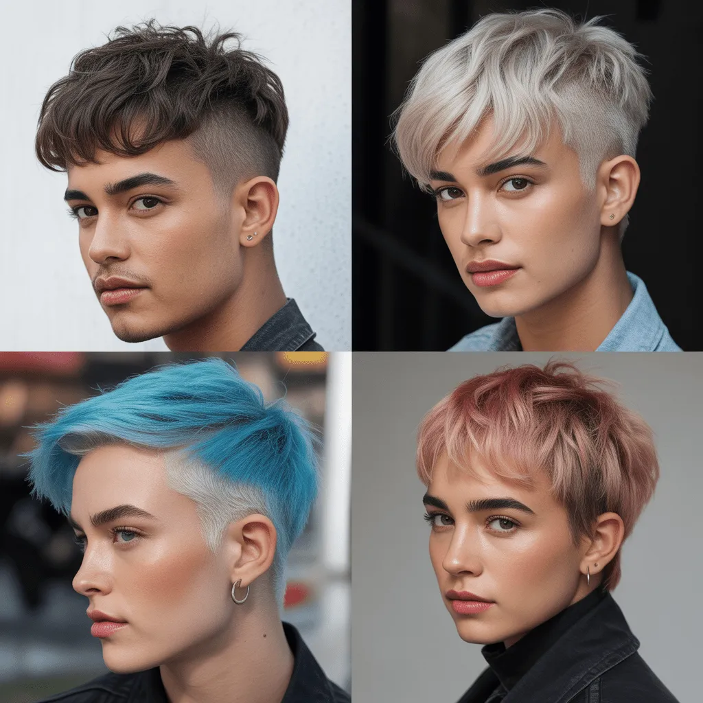 Corte de pelo mullet corto moderno con textura, diseñado para dar volumen y dinamismo a la parte superior, ideal para cabello grueso y rizado.