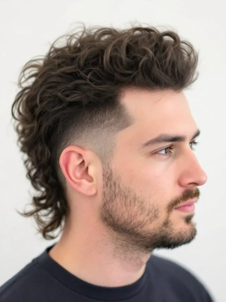 Corte de pelo mullet moderno texturizado, ideal para agregar volumen y movimiento a la parte superior del cabello, perfecto para cabellos ondulados y gruesos.