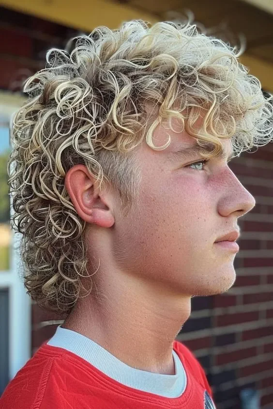 Corte de pelo mullet para cabello rizado, con la parte superior voluminosa y rizada, y un degradado limpio en los lados para un estilo moderno y bien definido.