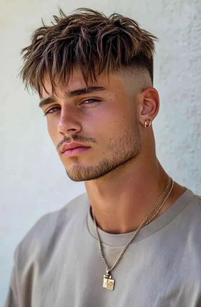Corte de pelo tapered undercut para rostro triangular, con los lados cortos y volumen en la parte superior para equilibrar el rostro.