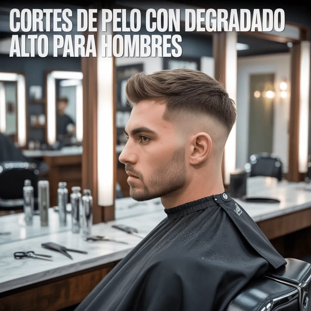 Hombres con corte de pelo degradado alto en una barbería moderna, mostrando un estilo elegante y bien cuidado. Ideal para aquellos que buscan un look limpio y sofisticado.