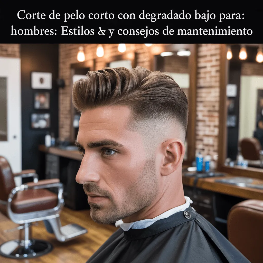Corte de pelo corto con degradado bajo para hombre, ideal para cabello liso y con un toque pulcro en un entorno de barbería profesional.