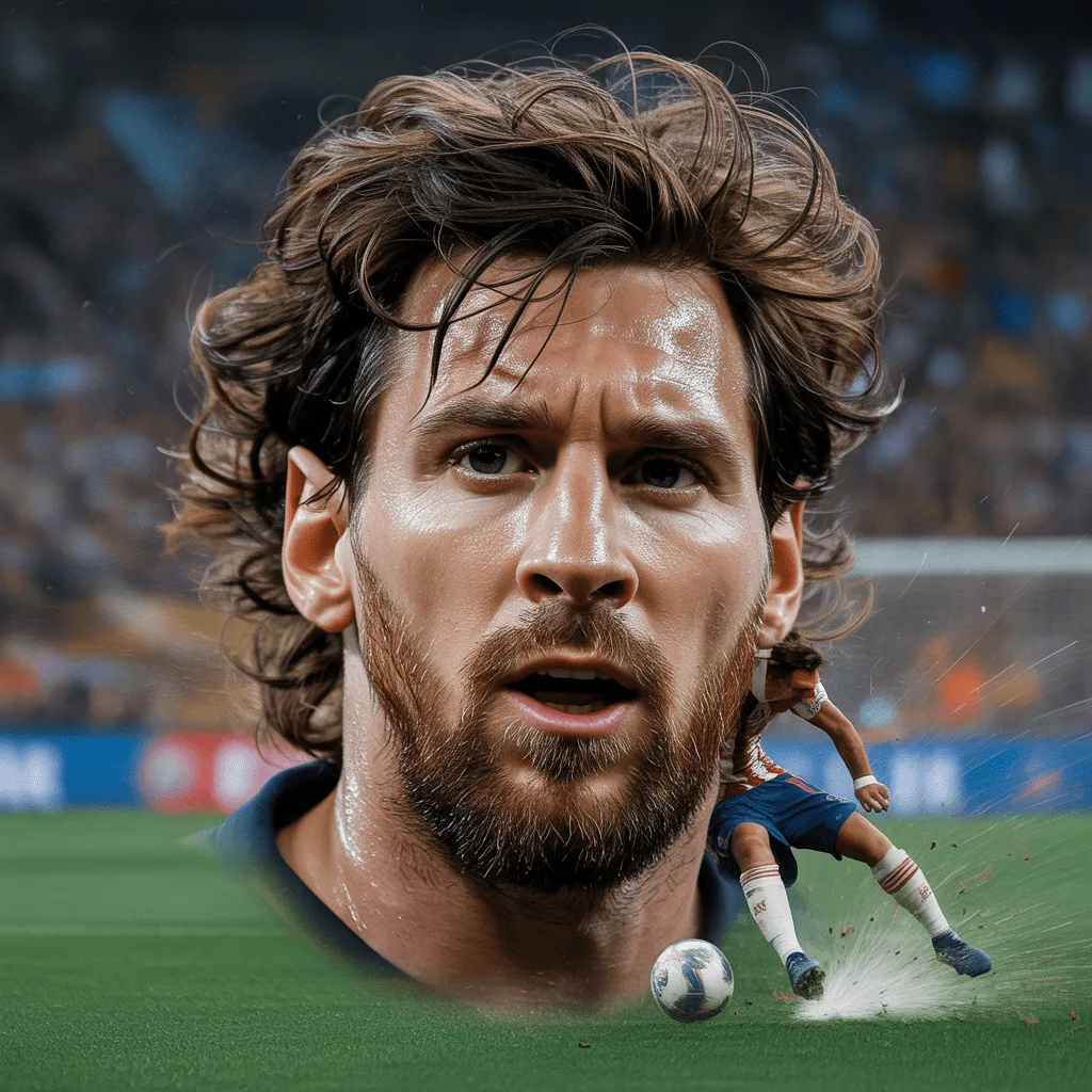 Lionel Messi with a curly hairstyle, in a candid moment during a football match, showing intense focus with sweat on his face, in an action-packed, realistic art style.