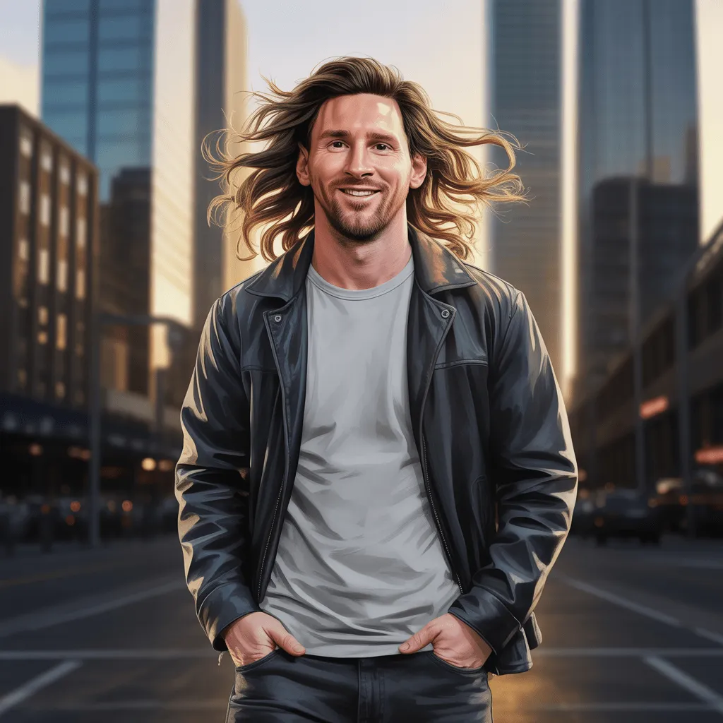 Lionel Messi with a long, wavy hairstyle, standing in a city setting in a street style outfit, smiling gently, in a highly detailed digital art style.
