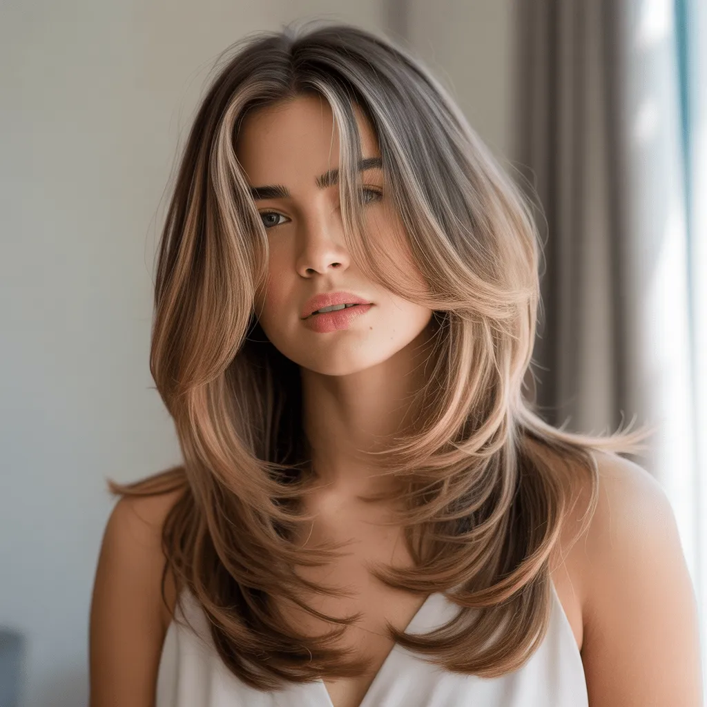 Peinado con corte largo y flequillo ondulado, ideal para un look romántico y femenino con ondas suaves.2