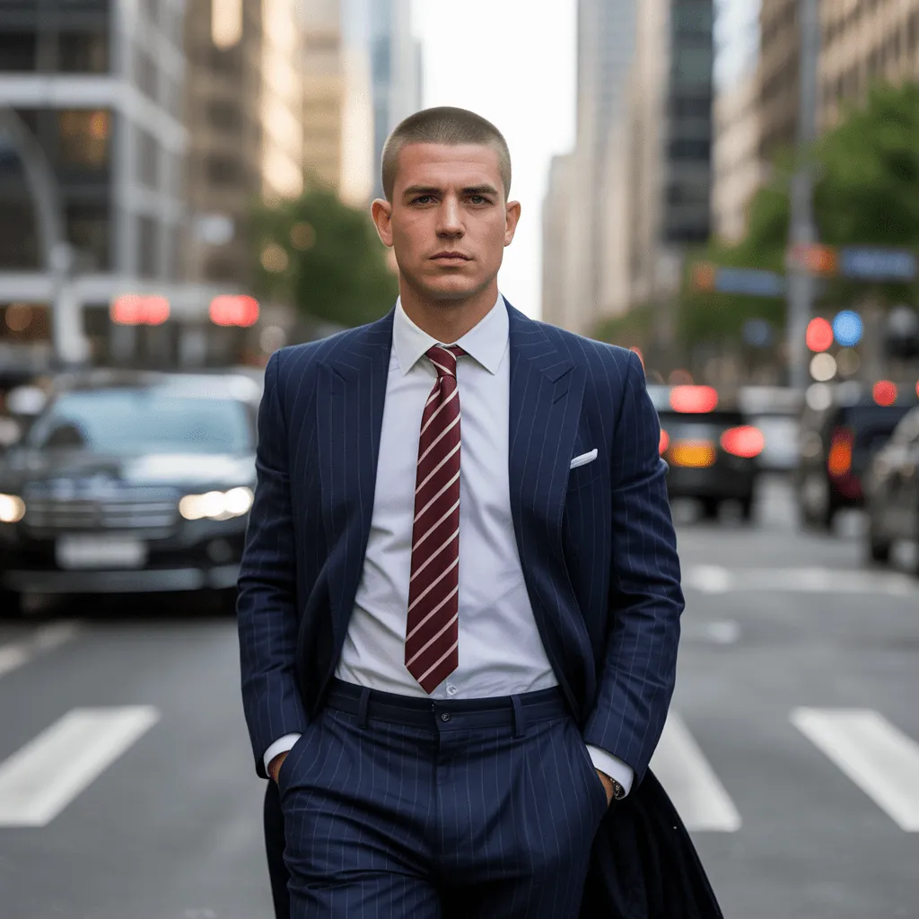 Un hombre con un corte buzz bien definido camina por una calle urbana, reflejando sofisticación, seguridad y un estilo masculino contemporáneo.
