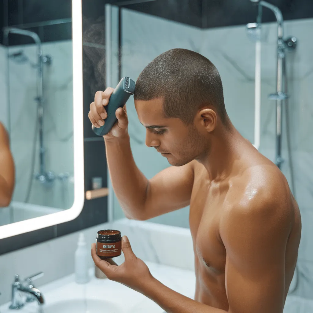 Un hombre en un baño moderno y minimalista, usando una recortadora pequeña para arreglar su corte buzz y aplicando un producto para agregar textura. El enfoque está en mantener un corte de cabello saludable y bien cuidado