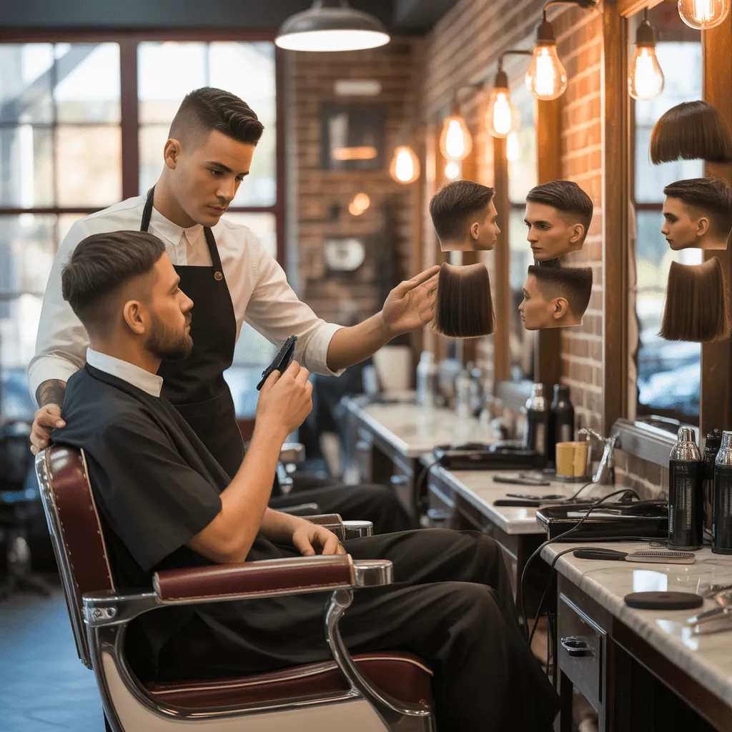 Un hombre en una barbería hablando con un estilista mientras prueba diferentes estilos de corte al cero. El estilista ajusta el corte, mostrando las opciones de personalización disponibles para un corte al cero