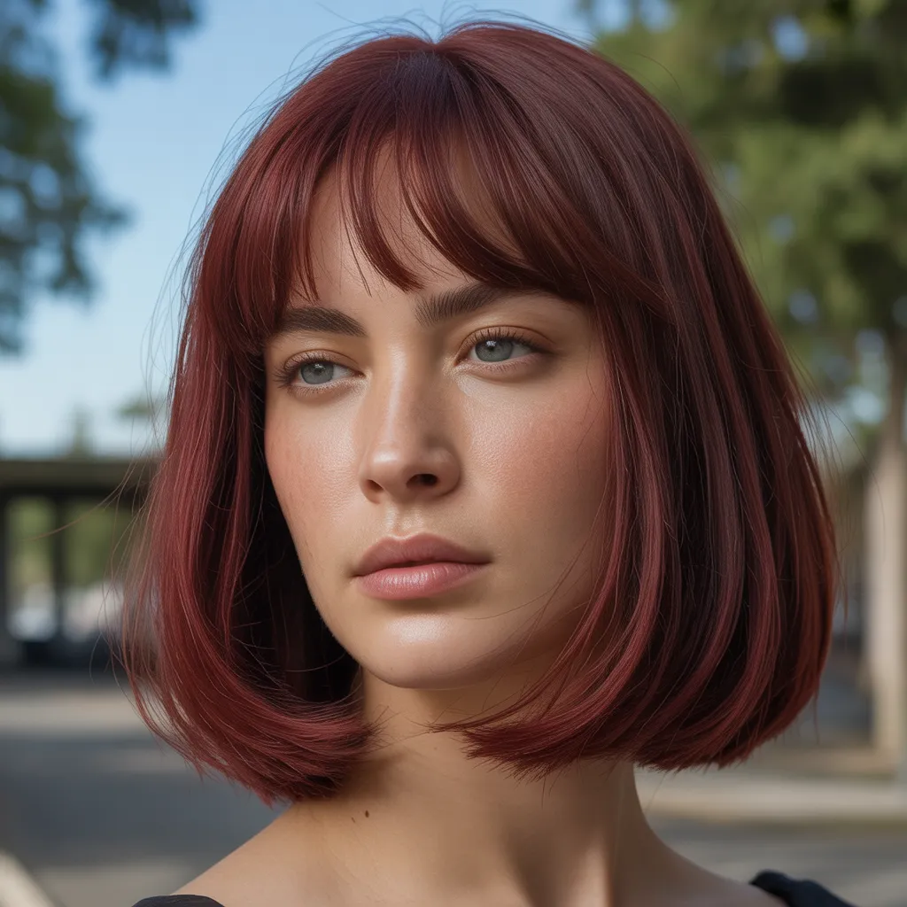 Corte Bob Largo Clásico + Flequillo Cortina + Cherry Red Hair