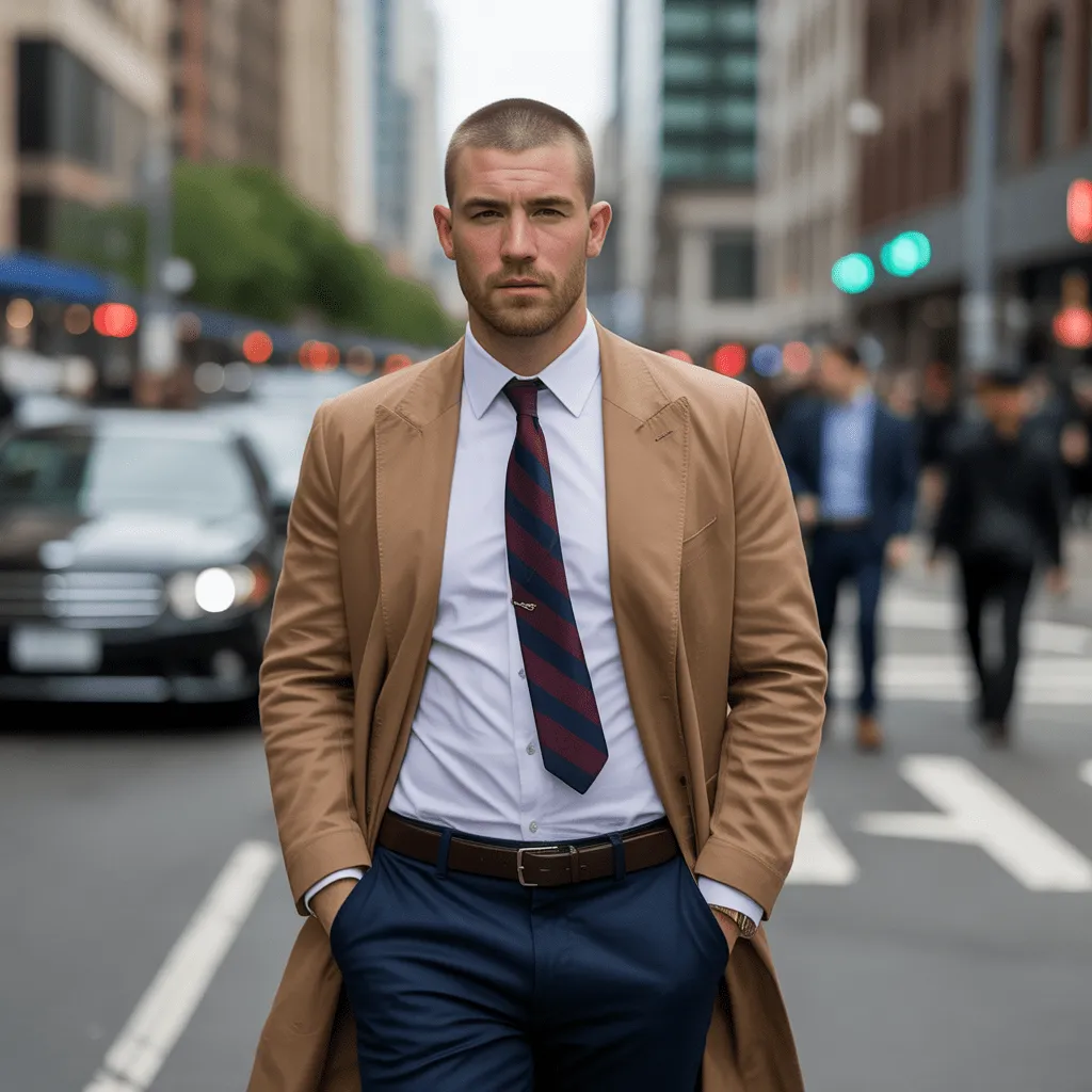 Un hombre con corte buzz camina con confianza por la ciudad, destacando un estilo limpio, moderno y sofisticado que se adapta perfectamente al entorno urbano.