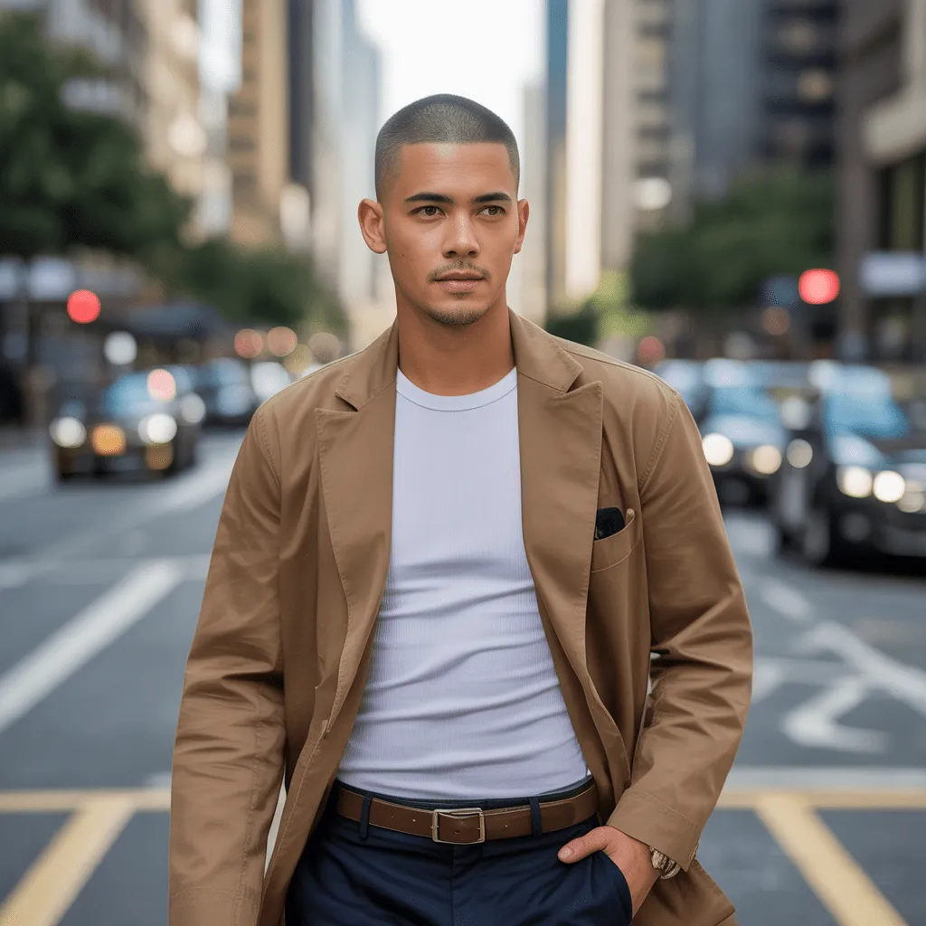 Un hombre caminando con seguridad por una calle urbana, luciendo un corte buzz definido que transmite estilo, confianza y sofisticación en un entorno moderno de ciudad.