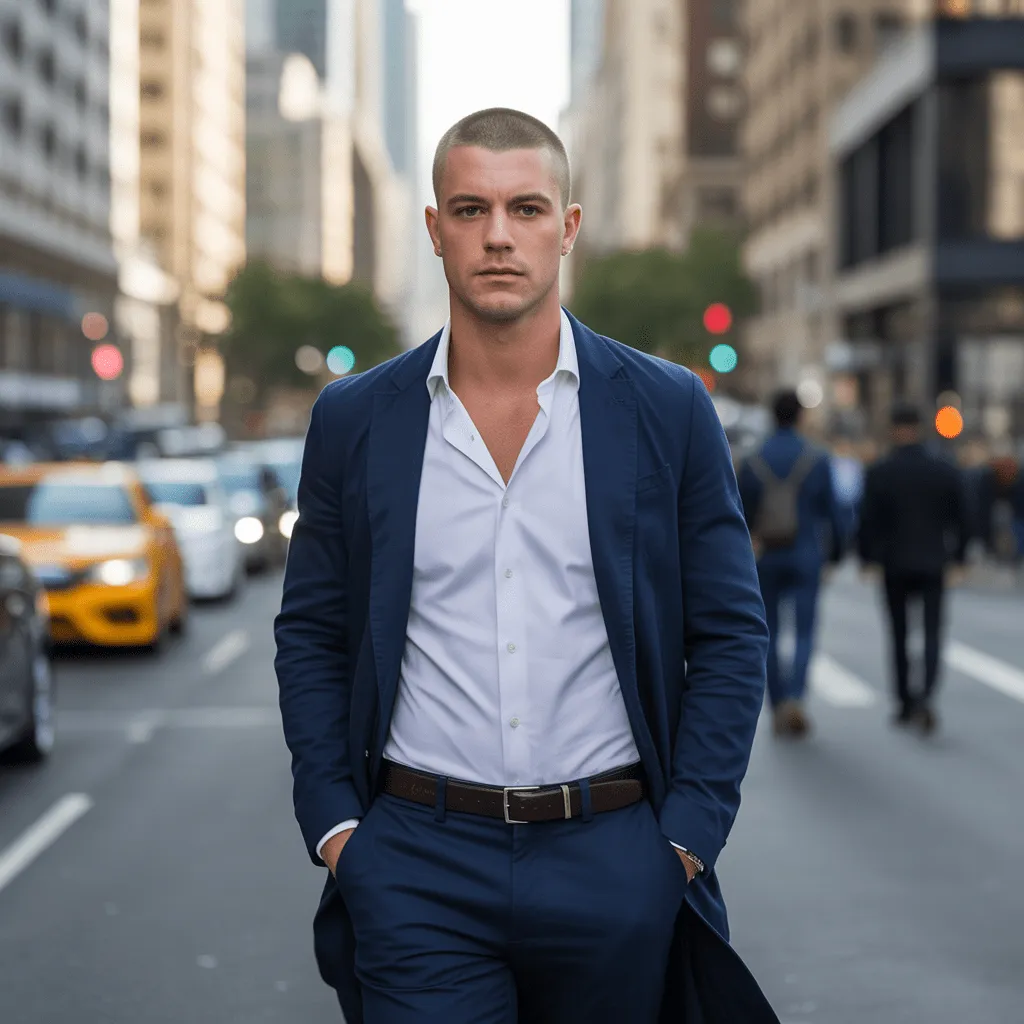 Hombre caminando con seguridad por una calle de la ciudad, luciendo un corte buzz impecable que destaca por su estilo limpio, moderno y atemporal