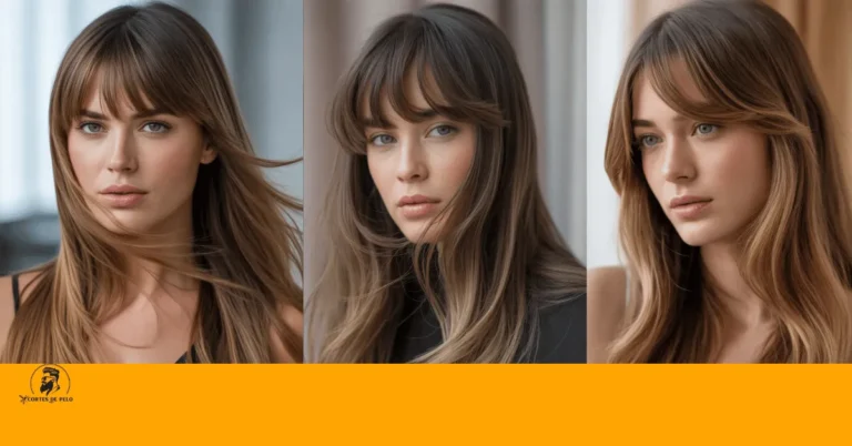 Peinado con corte largo y flequillo ondulado, ideal para un look romántico y femenino con ondas suaves. Corte Largo con Flequillo