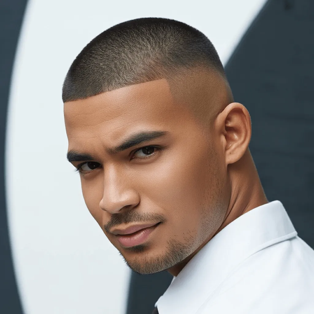 Un hombre con corte al cero, luciendo un estilo elegante y profesional que requiere un mantenimiento mínimo. El fondo es moderno, lo que resalta el fácil mantenimiento de este corte de pelo limpio