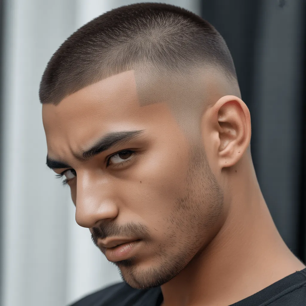 Primer plano de un hombre con un corte de pelo al ras nítido, con bordes suaves y limpios en los lados y la parte posterior, con un fondo minimalista y de alto contraste