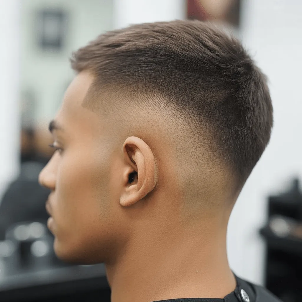 Un hombre con un corte al ras con degradado alto y atrevido, que muestra un degradado gradual desde los lados cortos hasta casi rapados, con una parte superior ligeramente más larga y peinada con cuidado, en una peluquería moderna y luminosa