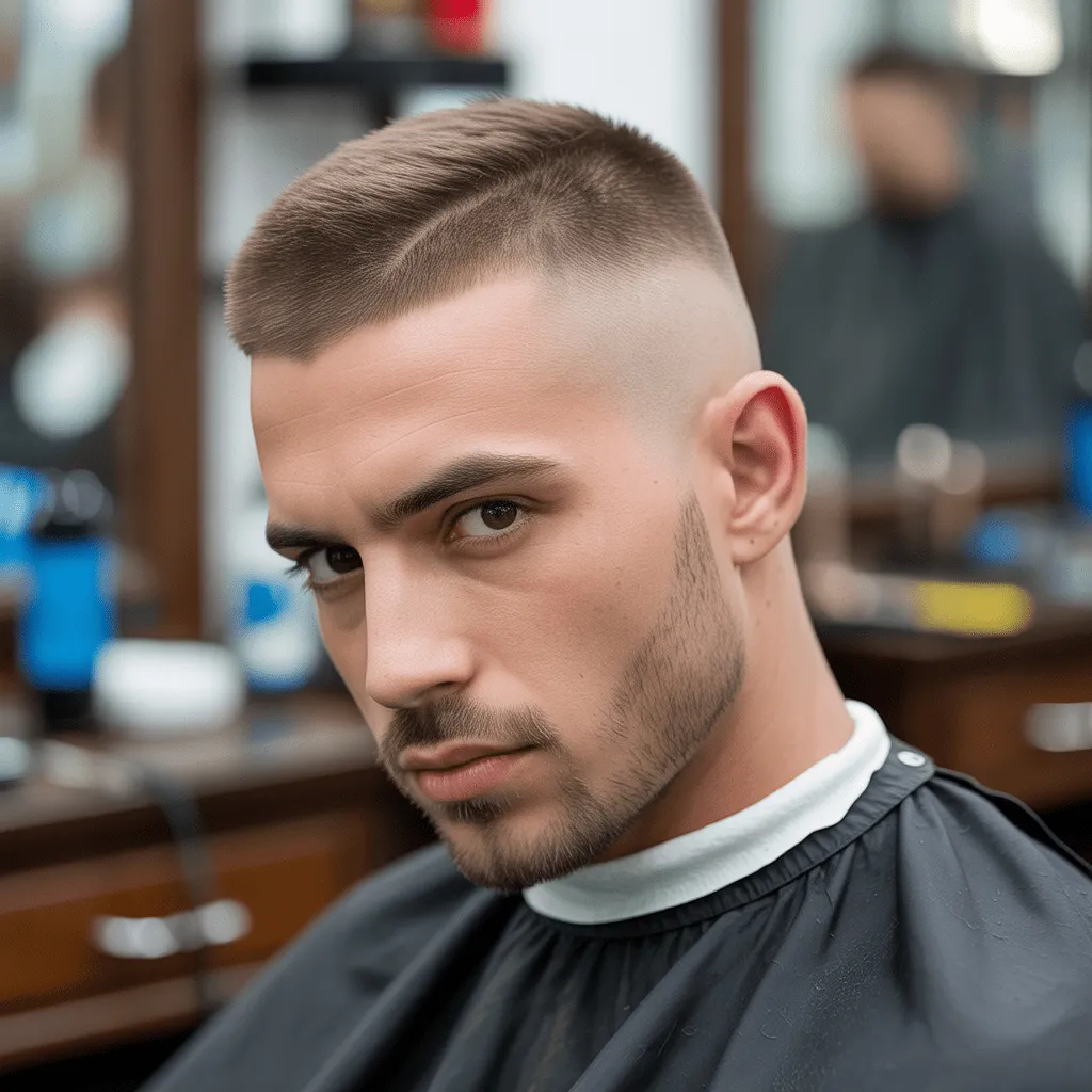 Un hombre con un corte de pelo corto con degradado bajo, lados y parte posterior cortos con un degradado sutil, y la parte superior ligeramente más larga peinada cuidadosamente hacia un lado, lo que le da un aspecto limpio y seguro en una peluquería moderna