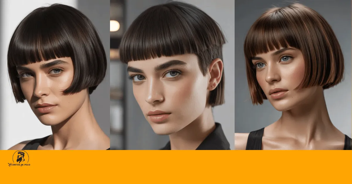 Corte de cabello corto con flequillo recto, destacando líneas definidas y textura lisa, creando un estilo audaz y juvenil. Corte de Cabello Corto con Flequillo Recto 2