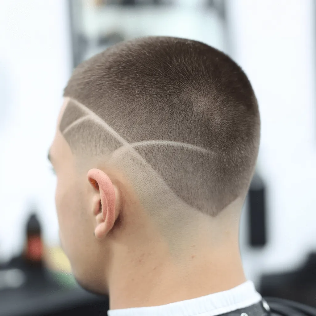 Un hombre con un corte de pelo al cero con degradado alto, en el que los lados se desvanecen gradualmente hasta la piel, dejando la parte superior más larga y peinada con cuidado, en un ambiente de peluquería luminoso y limpio