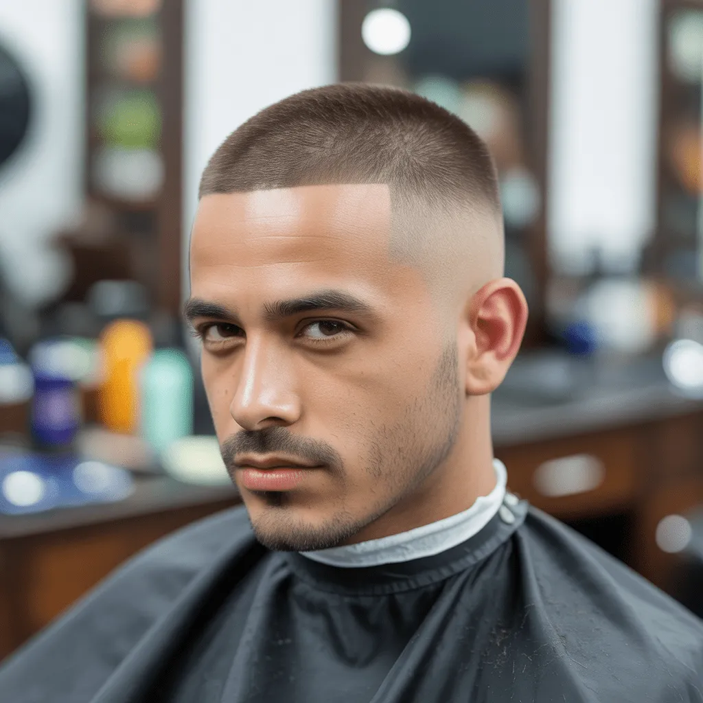 Un hombre con un corte de pelo corto y moderno, los lados y la parte posterior están cortados con un ligero degradado, mientras que la parte superior se deja un poco más larga y peinada hacia un lado. Posando con confianza en una peluquería elegante y moderna