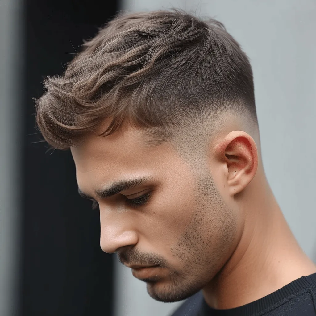 Un hombre con un corte de pelo texturizado, con capas voluminosas en la parte superior y un degradado elegante en los lados, creando un look relajado y contemporáneo con un fondo minimalista