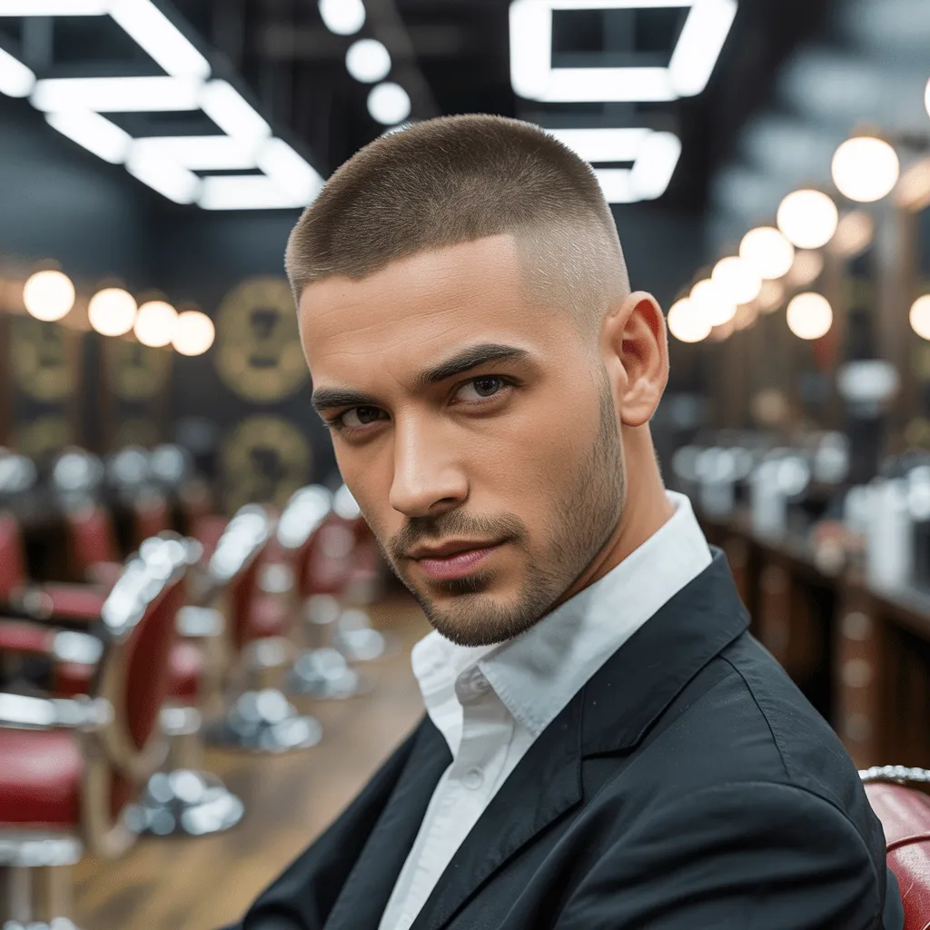 Un hombre con un corte limpio y clásico, corto en los lados y la parte posterior con un ligero degradado, y un poco más largo en la parte superior peinado hacia un lado, posando con confianza en una peluquería moderna y luminosa