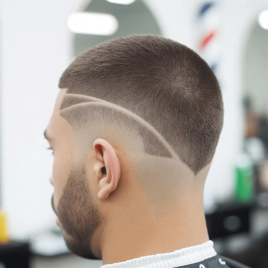 Un hombre con un corte moderno con degradado alto, que muestra el degradado de corto a rapado en los lados con una parte superior ligeramente más larga, todo ello en un entorno de barbería luminoso y contemporáneo