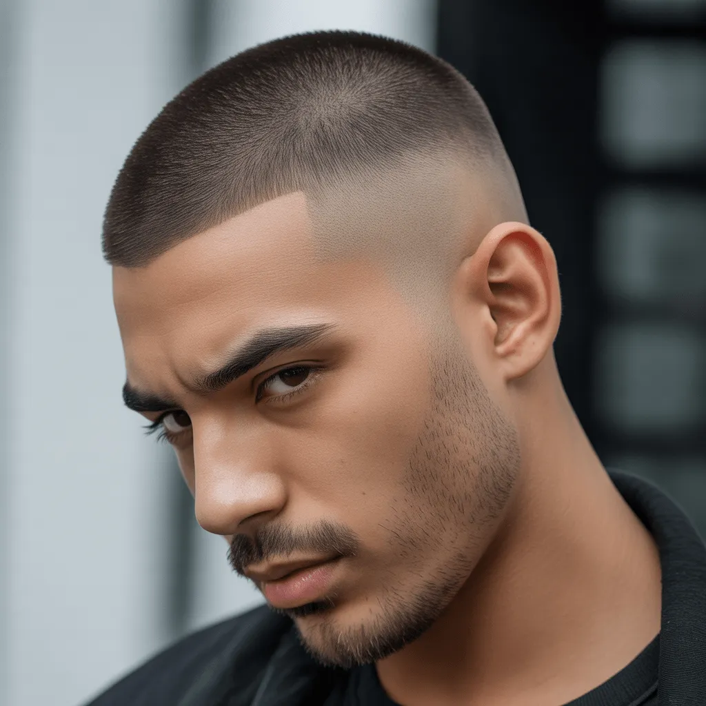 Un corte al ras con contornos ultra lisos, en el que los lados y la parte posterior están afeitados a la perfección, con un fondo minimalista y de alto contraste