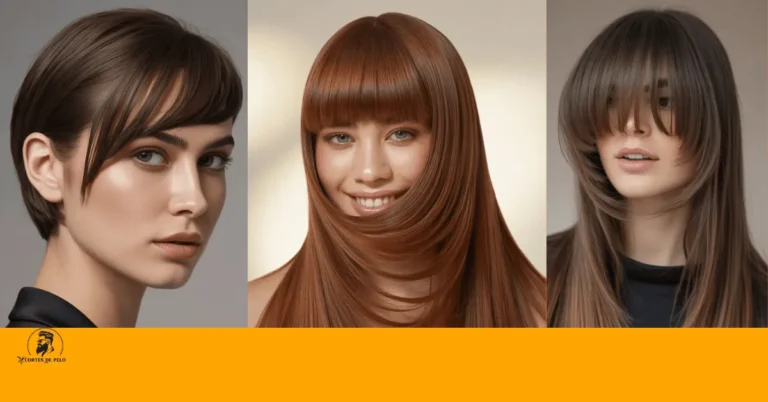 Corte de cabello corto con flequillo lateral que enmarca el rostro con suavidad, creando un look femenino y sofisticado. Cortes de cabello corto y largo