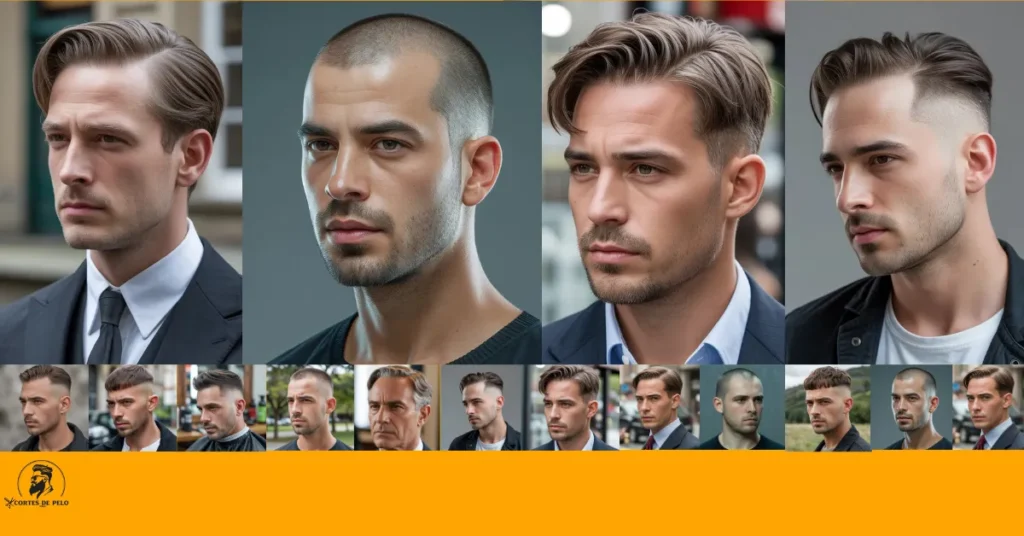 Cortes de cabello para hombres con entradas con corte clásico y raya suave, estilo elegante y atemporal para hombres, Cortes de cabello para hombres con entradas