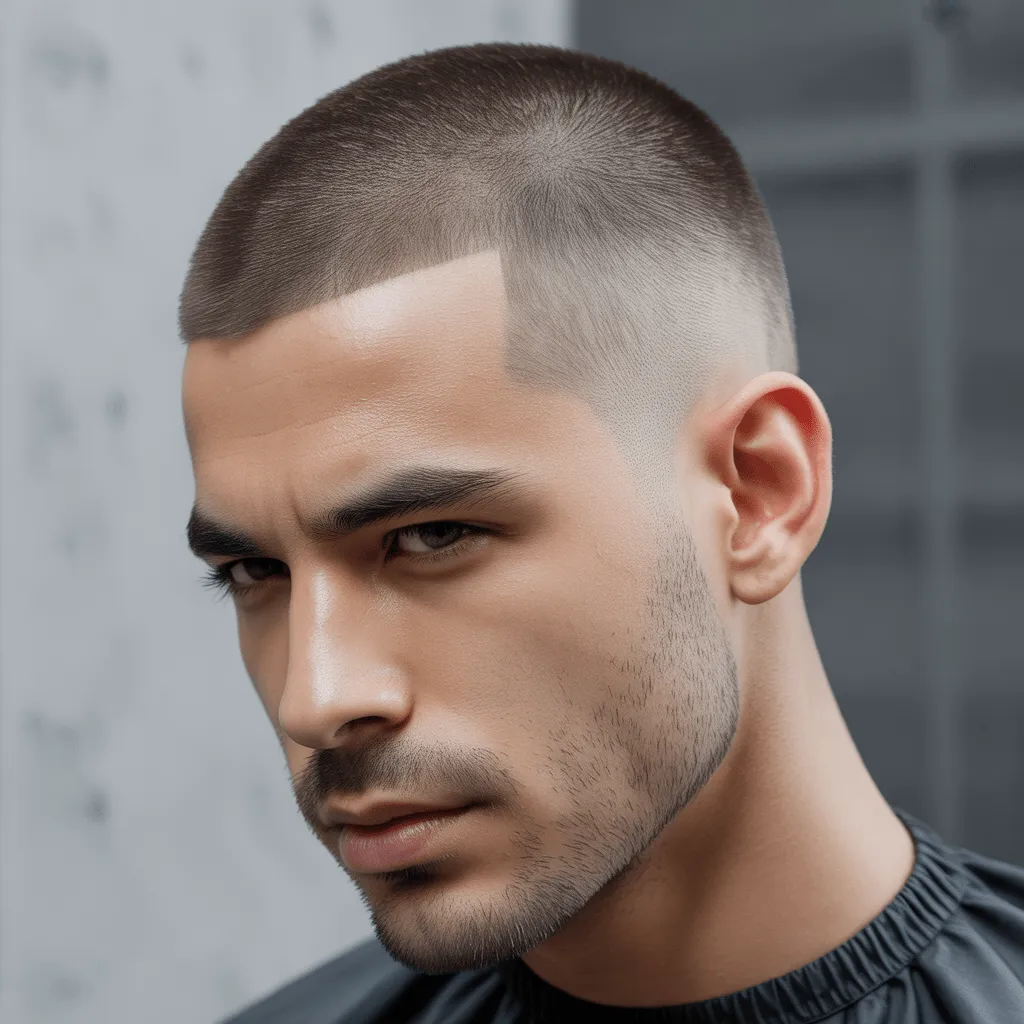 Un hombre con un corte al ras con navaja ultra limpio, con los lados y la parte posterior afeitados, con bordes definidos y nítidos y un fondo minimalista para un look atrevido y moderno