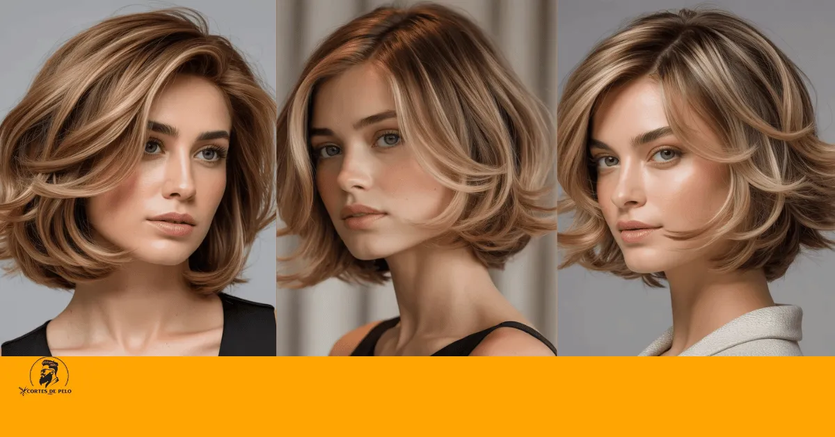 Modelo con layered bob en capas suaves, ondas naturales y fondo neutro que destaca la textura. Layered Bob