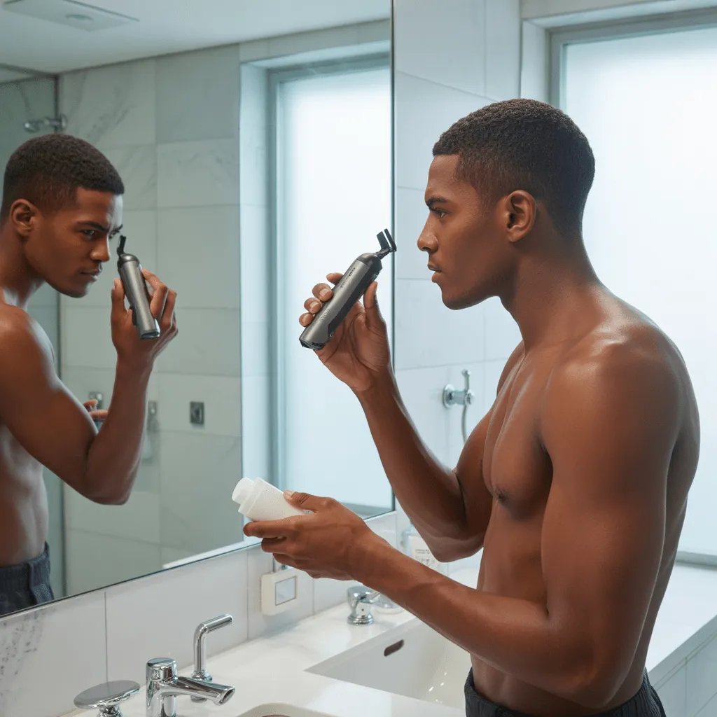 Un hombre en un baño minimalista cuidando su corte de cabello buzz con una recortadora pequeña y aplicando un producto de estilo para añadir textura. El foco está en el mantenimiento de un corte brillante y saludable.